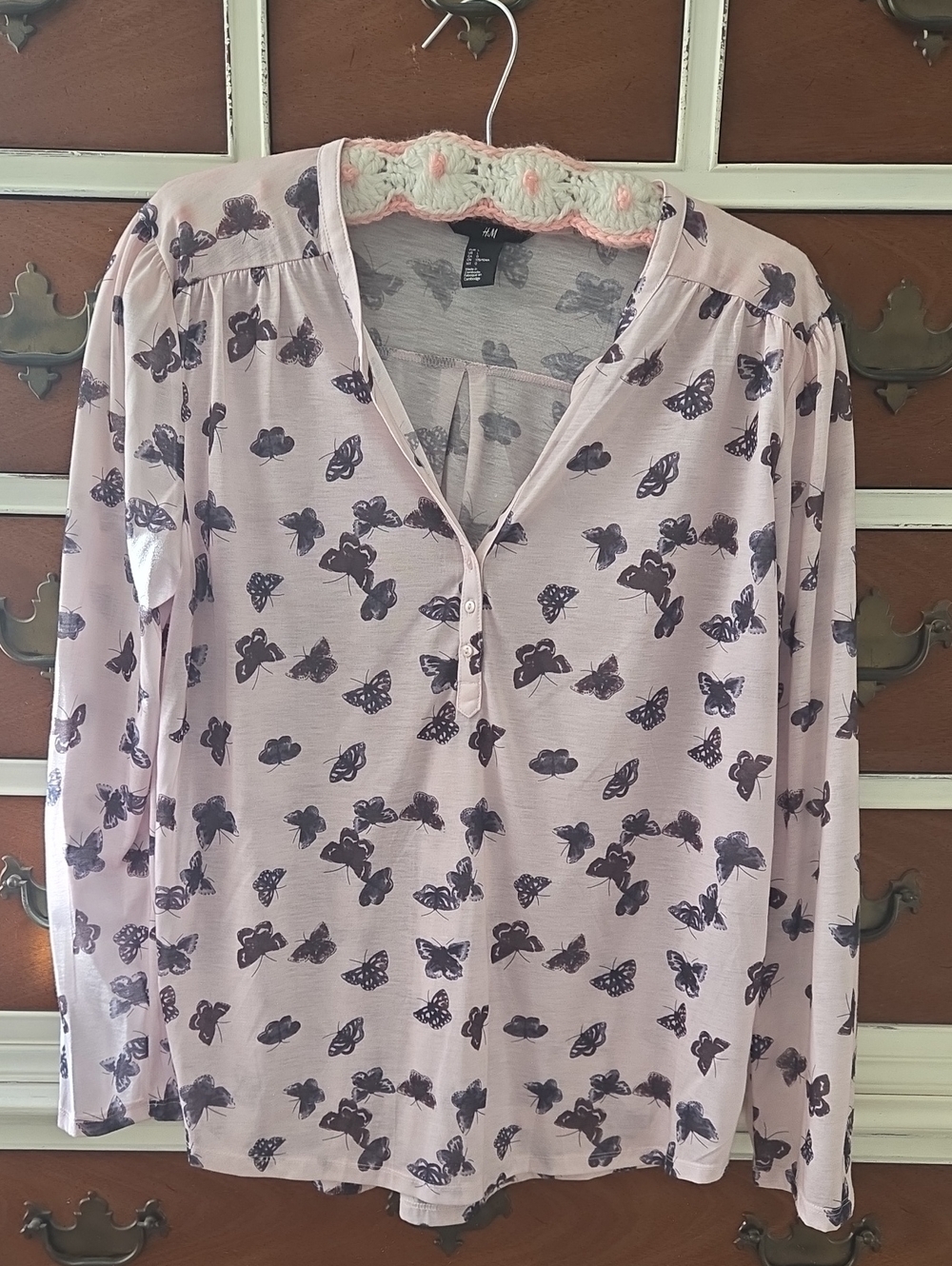H&M Light Pink Long-Sleeve Butterfly Print Top